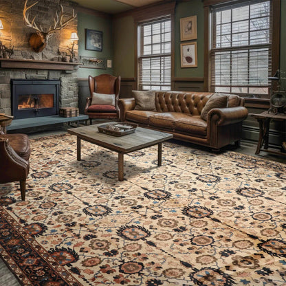 13'3"x16'9" Palace Ivory, Midnight Blue Hand Knotted 100% Wool Mahal Traditional Oriental Area Rug