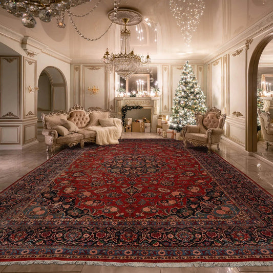12' 5''x17' 2'' Palace Orange, Midnight Blue Hand Knotted 100% Wool Kashan Traditional Oriental Area Rug Burnt