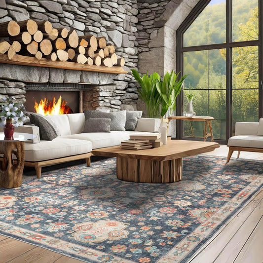 Multi Size Navy Machine Made Traditional washable Polyester Oriental Area Rug