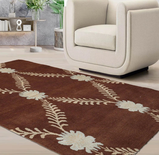 3x5 Hand-Knotted Tibetan Terra Trellis Floral Wool & Silk Brown Are Rug