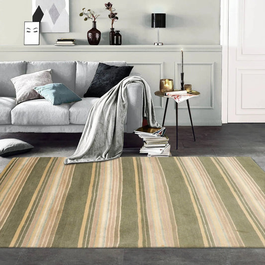 4x6 Beige Hand Knotted Modern Tibetan Striped Wool and Silk Oriental Area Rug