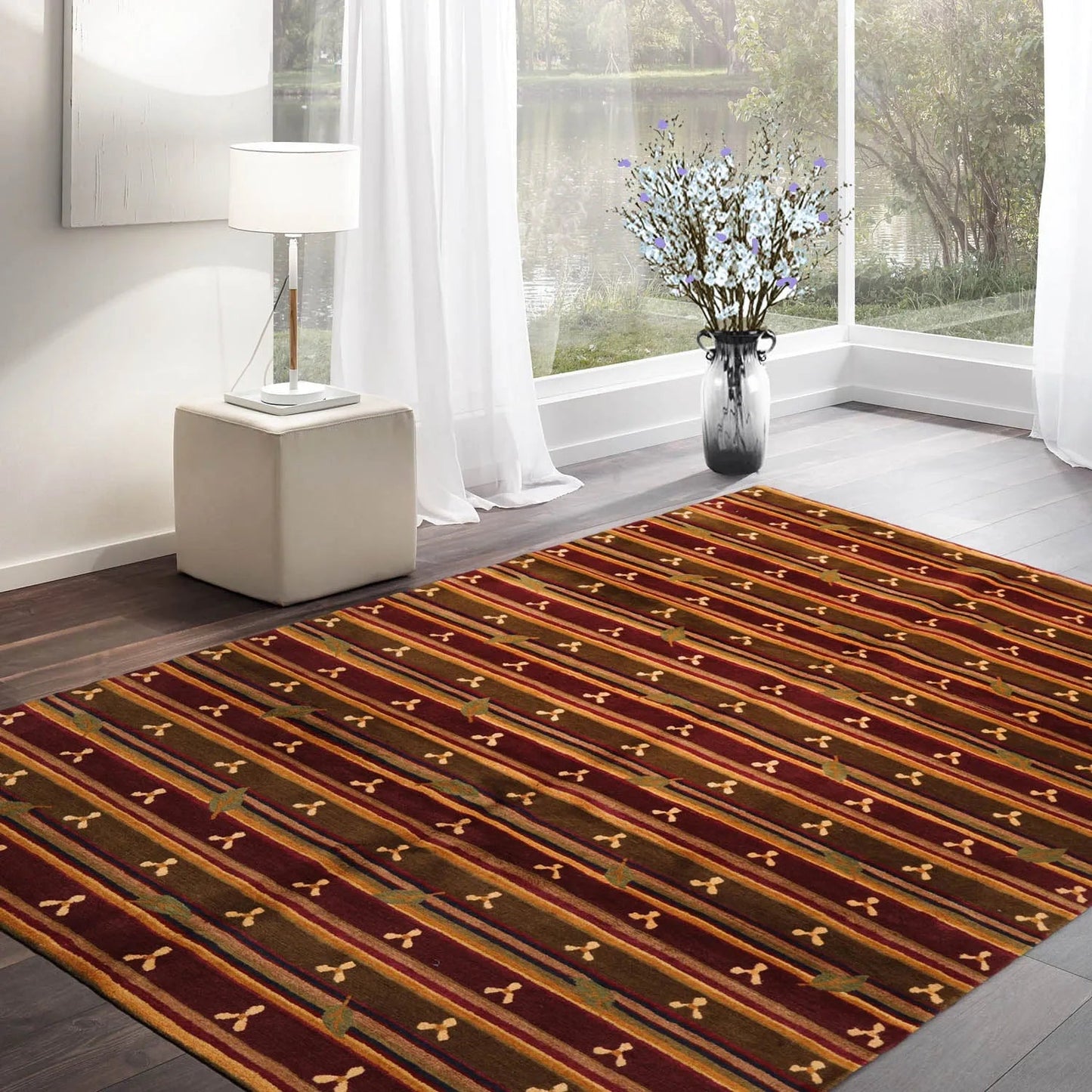 6x9 Green Hand Knotted Tibetan Transitional  Striped Wool Oriental Area Rug