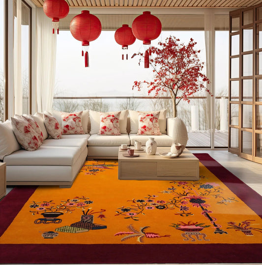 LoomBloom Multi Sizes Gold Hand Tufted Floral Chinese Art Deco New Zealand Wool Oriental Area Rug