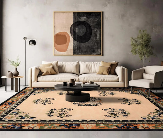 LoomBloom Multi Sizes Beige with Peach Undertone Hand Tufted Medallion Chinese Art Deco New Zealand Wool Oriental Area Rug
