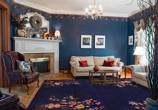 LoomBloom Multi Sizes Navy Hand Tufted Floral Chinese Art Deco New Zealand Wool Oriental Area Rug