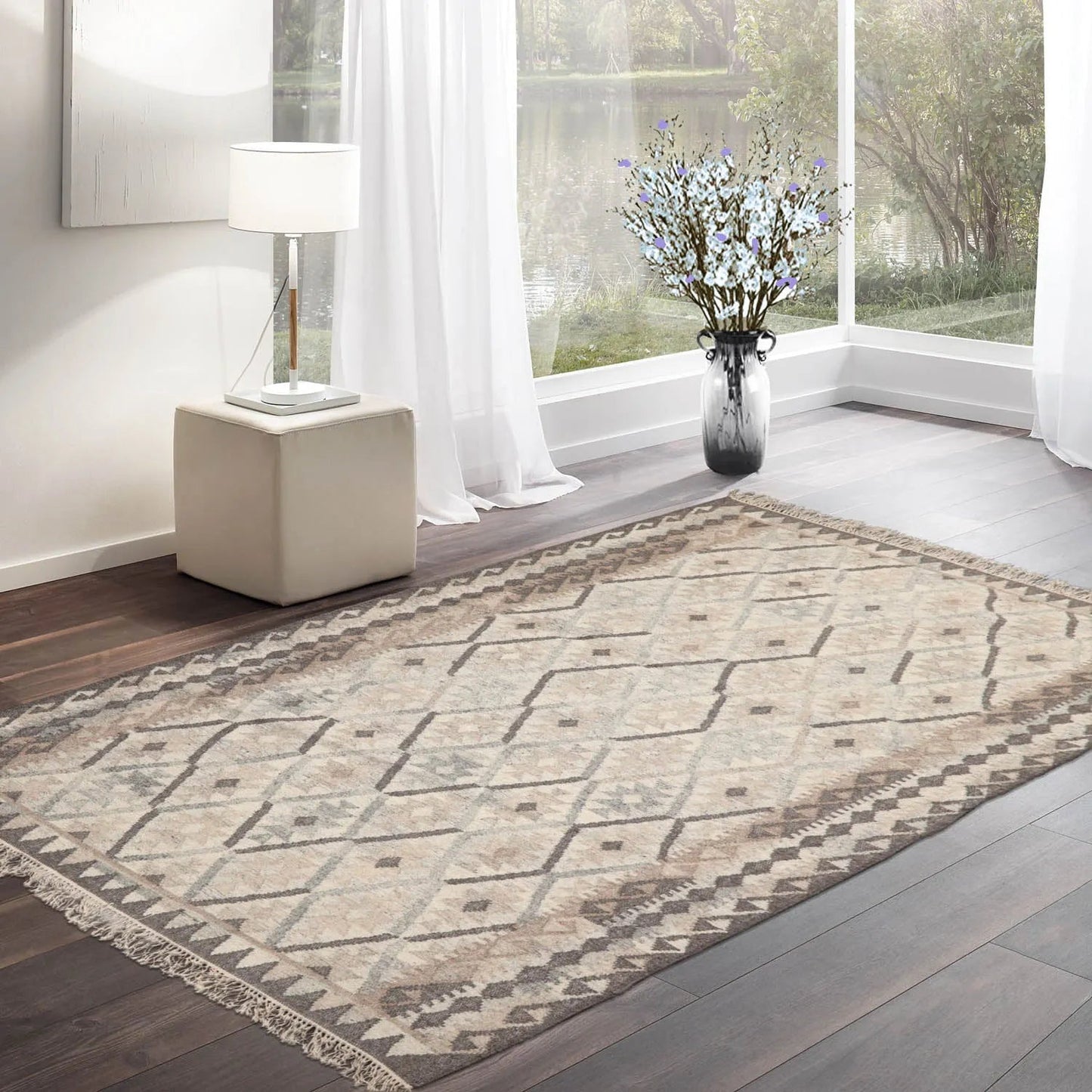 LoomBloom 5x8 Beige Wool Hand Woven Southwestern Kilim Oriental Area Rug