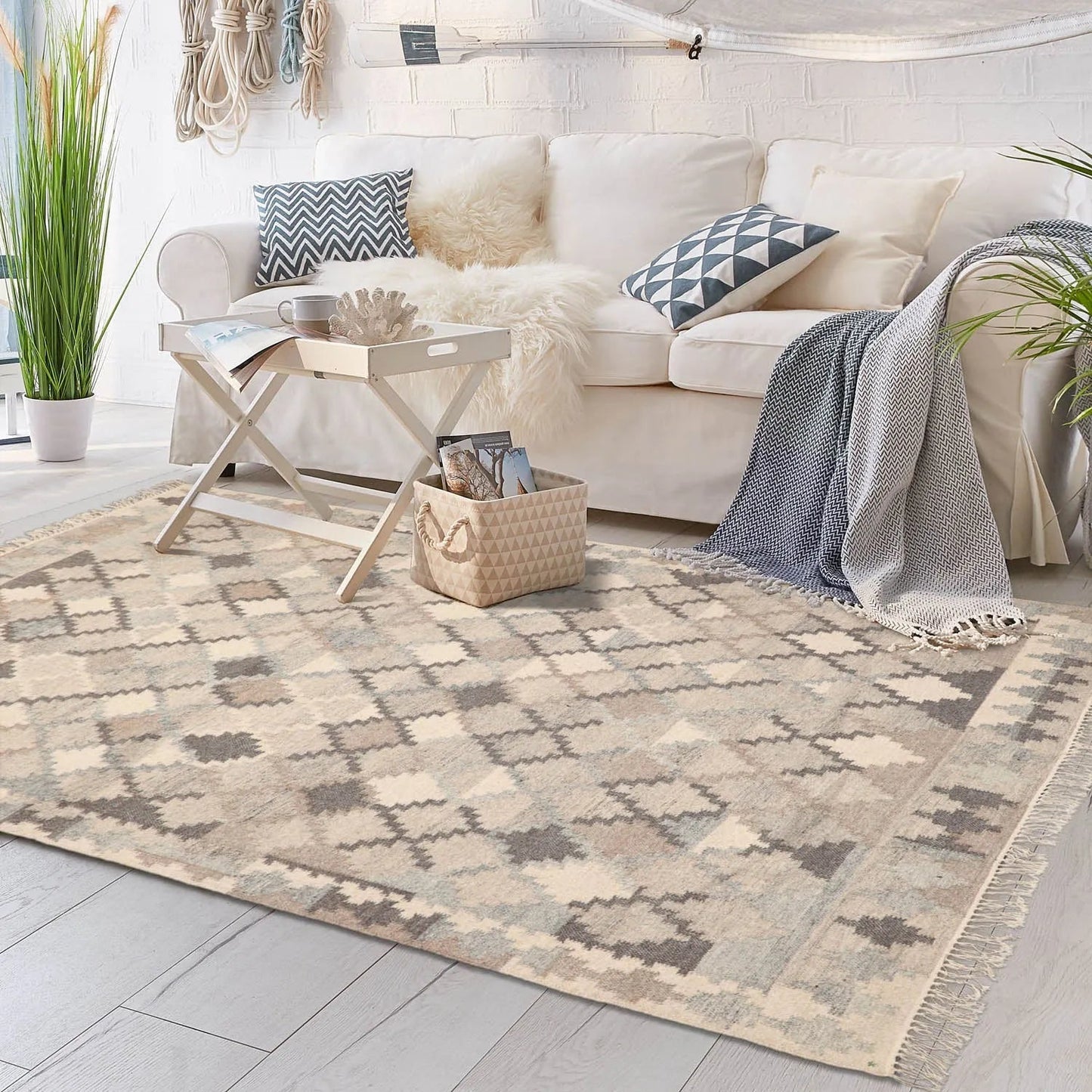 LoomBloom 5x8 Southwestern Beige Handcrafted Wool Kilim Rug