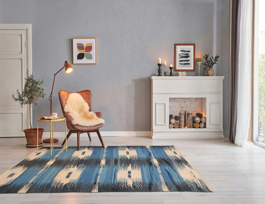 LoomBloom Beige Hand Woven Ikat Wool Oriental Contemporary Area Rug 5x8