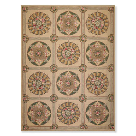9x12 Beige Hand Hooked 100% Wool Traditional French Aubusson Oriental Area Rug