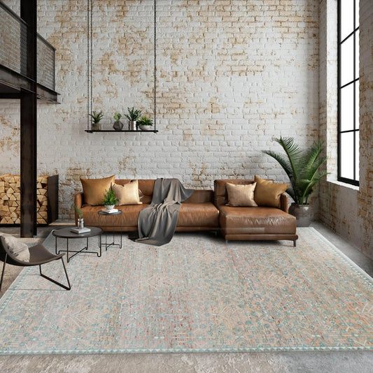 10' 2''x12' 11'' Blush, Aqua Color Hand Knotted LoomBloom Muted Turkish Oushak  100% Wool Transitional Oriental Area Rug