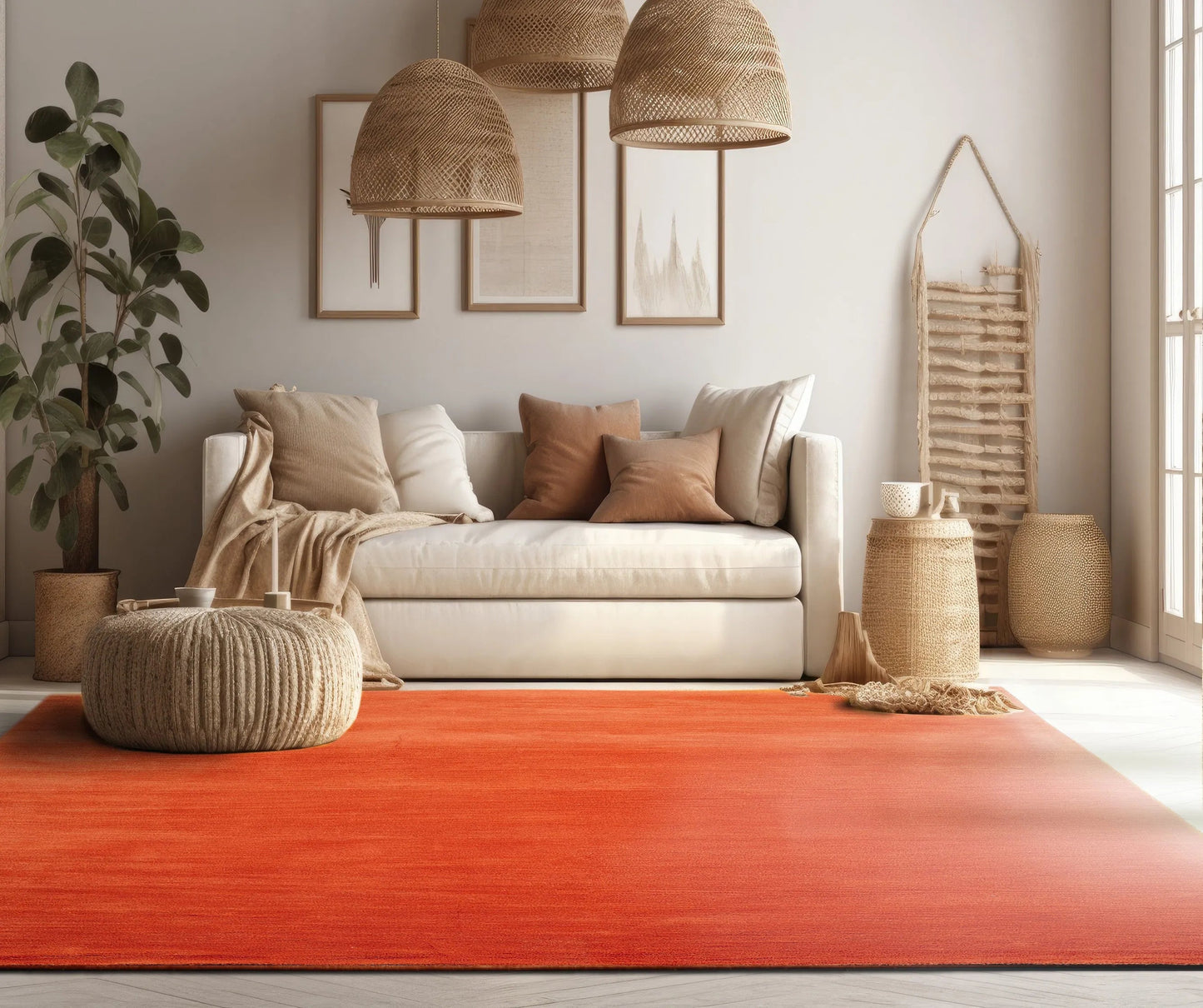 Multi Sizes Hand Loomed wool Plain Solid Minimalist Area Rug Burnt Orange