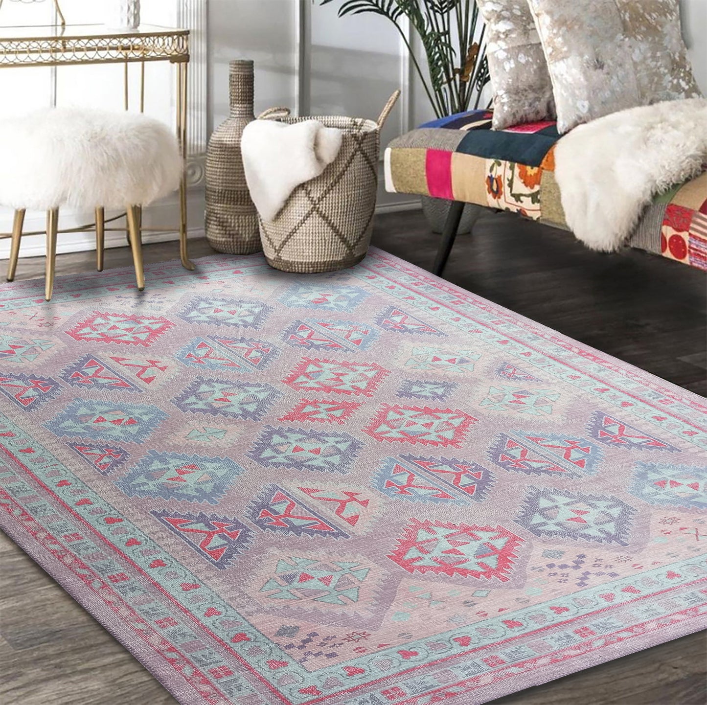 Alora Pink & Lavender Herki Vintage Oushak Rug