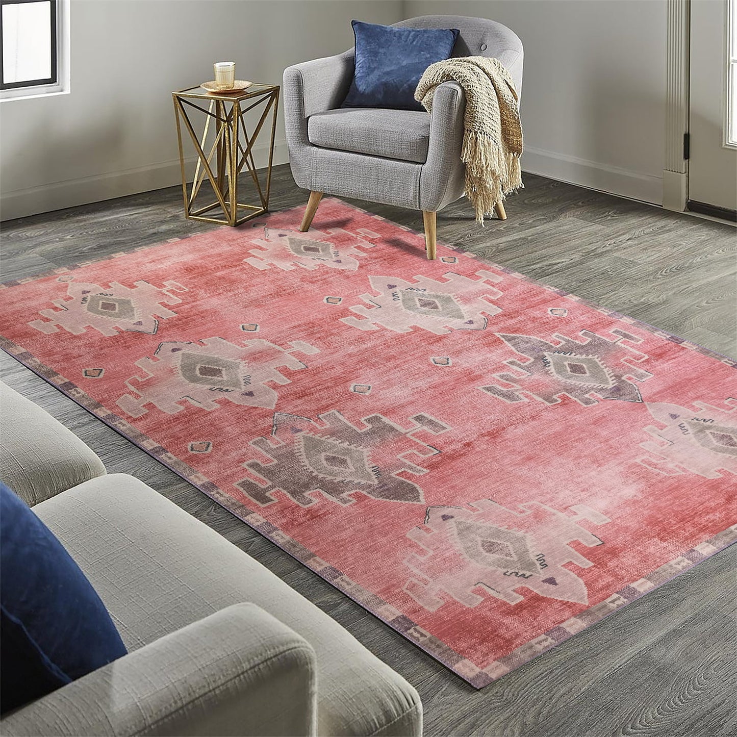 Aurelie Distressed Red Pink Beige Turkish Rug
