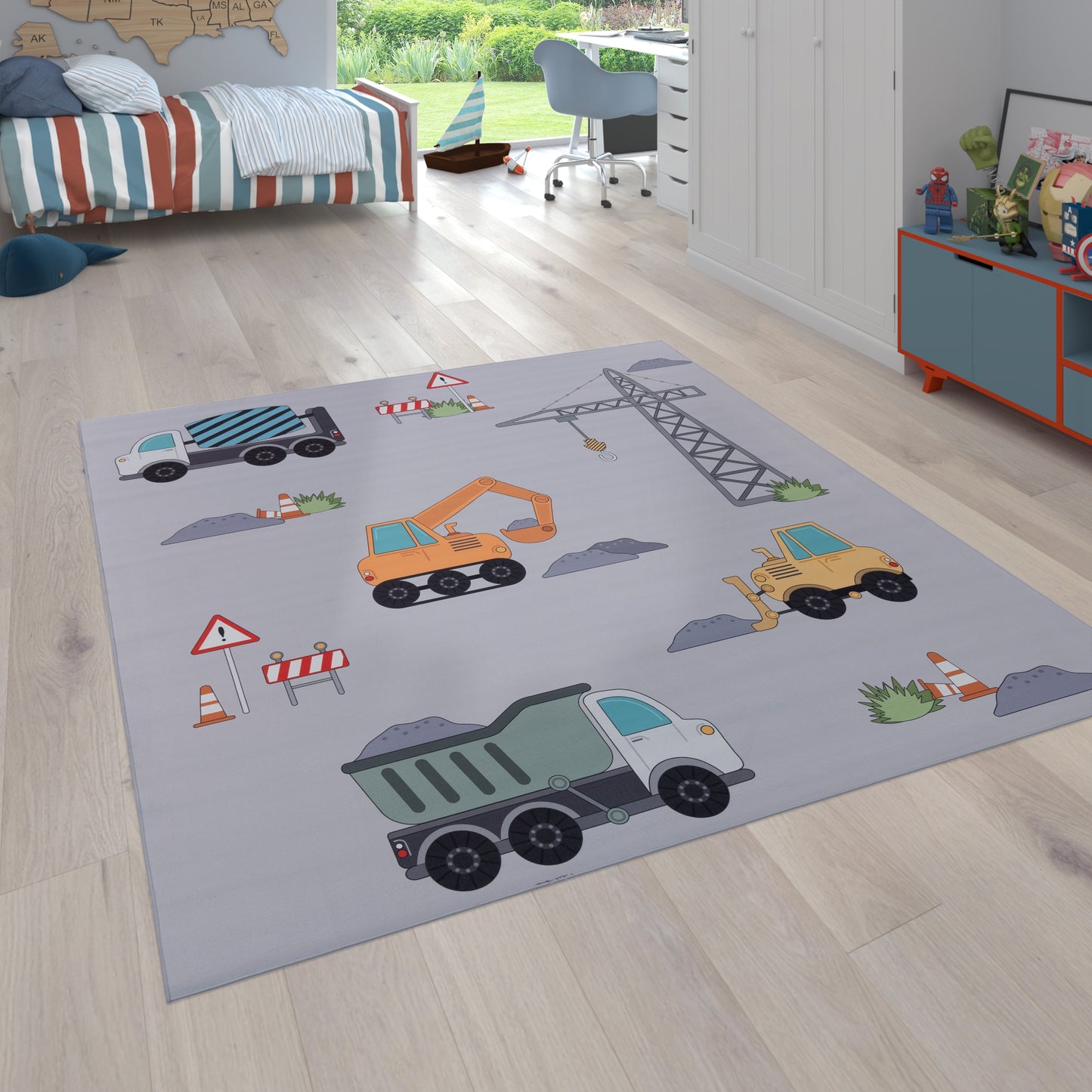 Kids Play-Mat Bob Construction Site with Trucks & Cranes in Grey