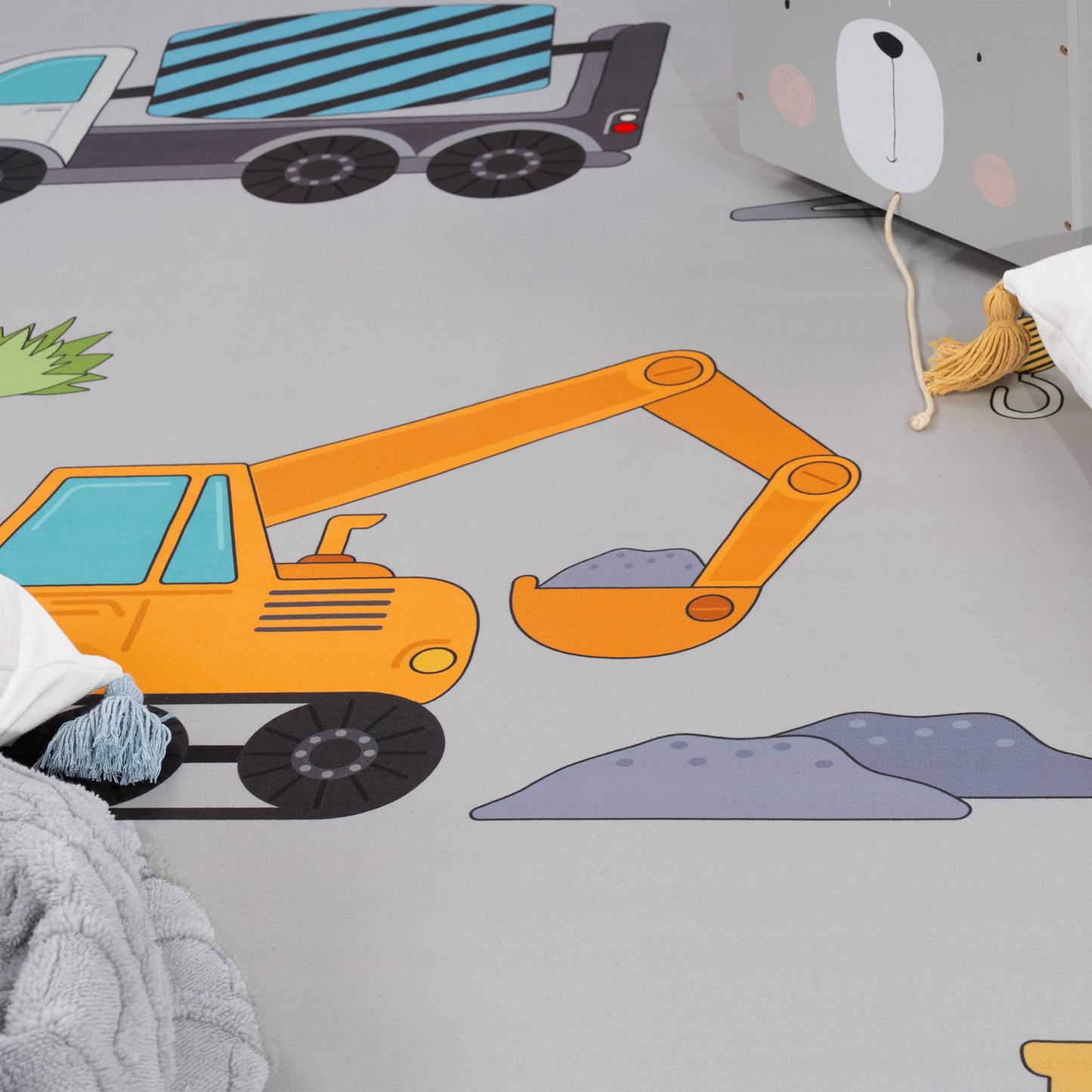 Kids Play-Mat Bob Construction Site with Trucks & Cranes in Grey