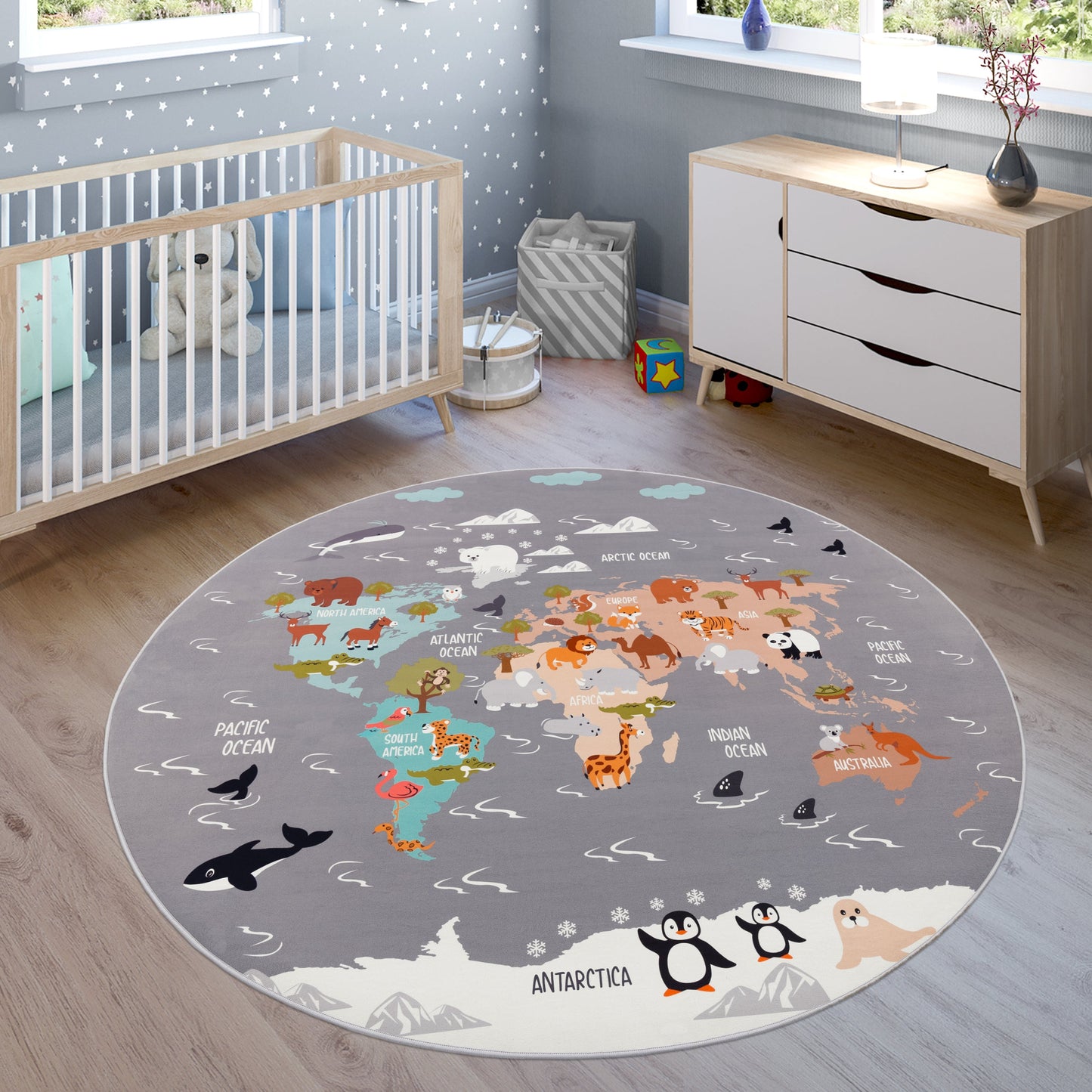 Play Mat Lilo Educational Kids Rug with World Map & Animals in Grey