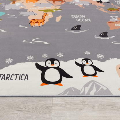 Play Mat Lilo Educational Kids Rug with World Map & Animals in Grey