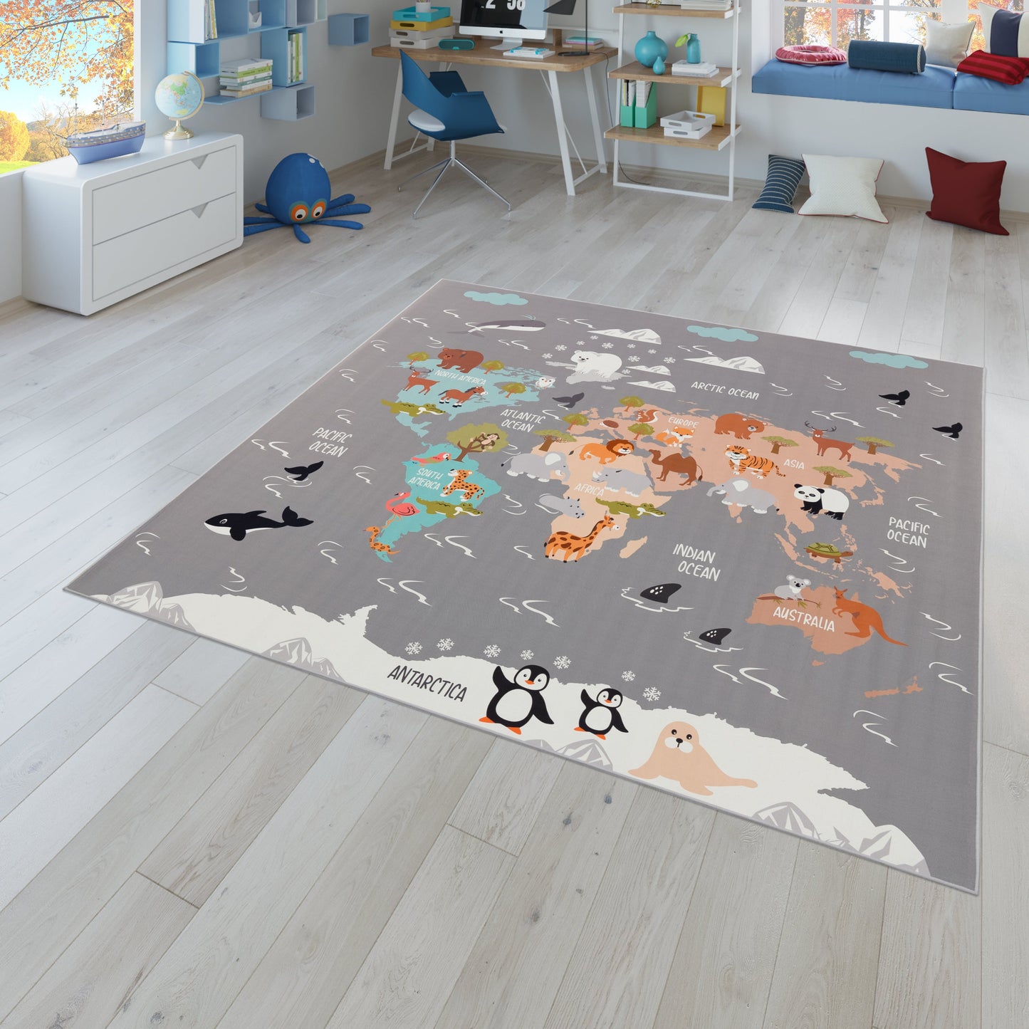 Play Mat Lilo Educational Kids Rug with World Map & Animals in Grey