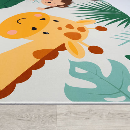 Kids Rug Lilo Jungle Animal Play Mat with Lion Giraffe Monkey in Beige