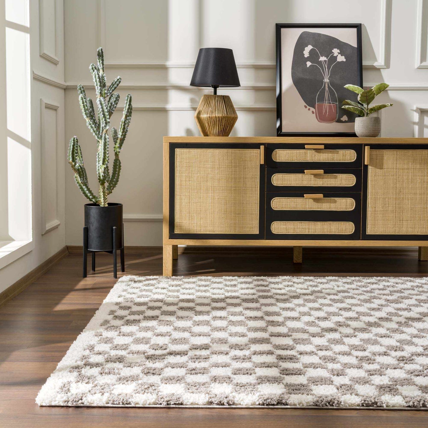 Kieu Taupe Checkered Plush Rug