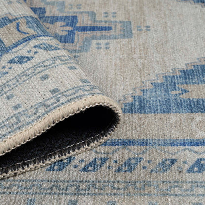 Beige Blue Boho Oushak Washable Rug