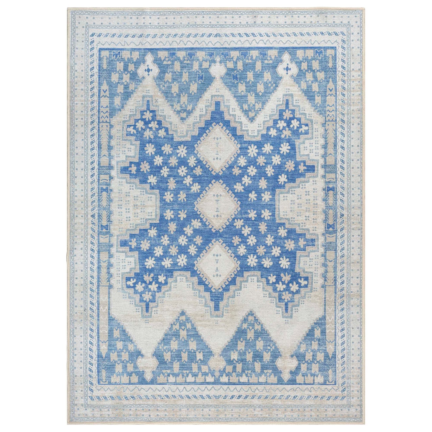 Beige Blue Boho Oushak Washable Rug