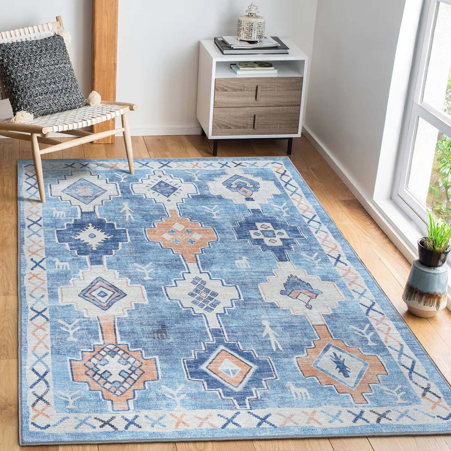 Blue Boho Oushak Washable Rug