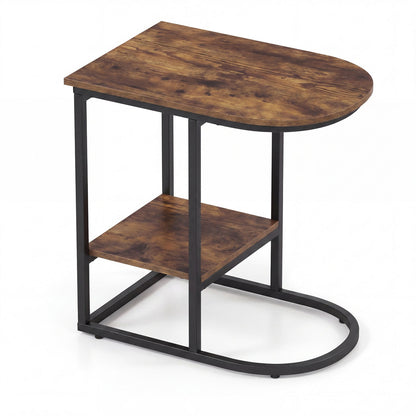 C-Shaped Sofa Side Table with Faux Marble Top & Storage Shelf