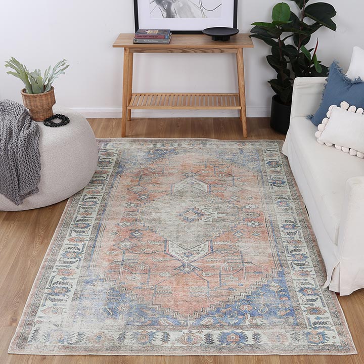 Distressed Vintage Pissarro Terracotta in Blue & Beige