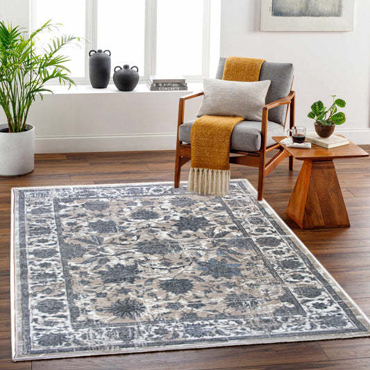 ROY's Home Navy Big Flower Area Rugs, Vintage Effect Lines - Roy's Home