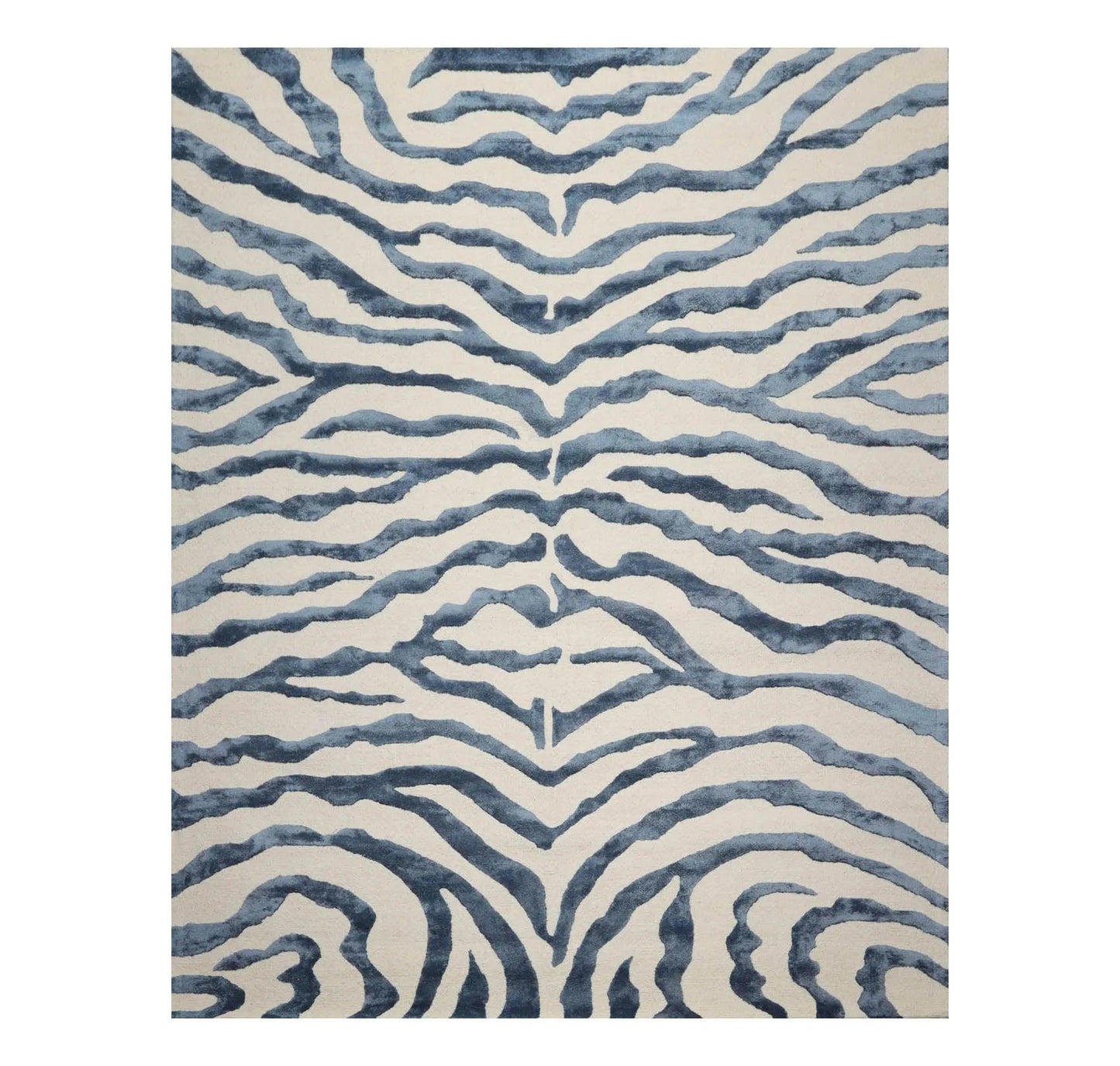 Multi Sizes Handmade Wool & Faux Silk Animal Print Zebra Area Rug Ivory Blue