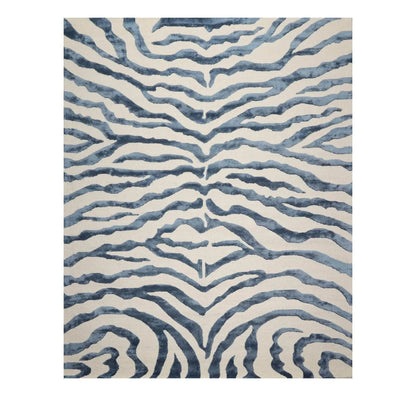 Multi Sizes Handmade Wool & Faux Silk Animal Print Zebra Area Rug Ivory Blue