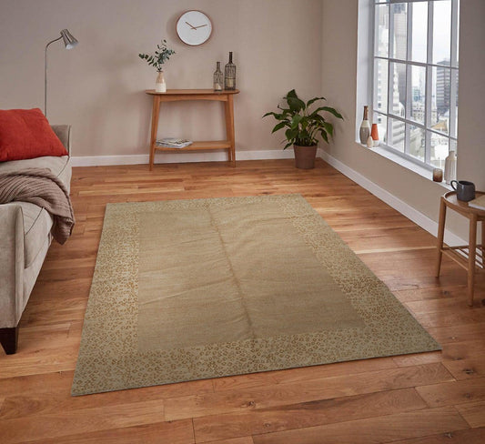 6'1" x 9' Lapchi Hand Knotted Wool & Silk Animal Print Tibetan Area Rug Beige