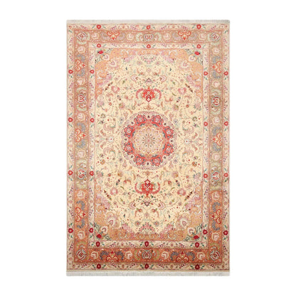 6' 7''x10' 2'' Hand Knotted Wool and Silk Traditional Tabriz 300 KPSI Oriental Area Rug Ivory, Peach Color