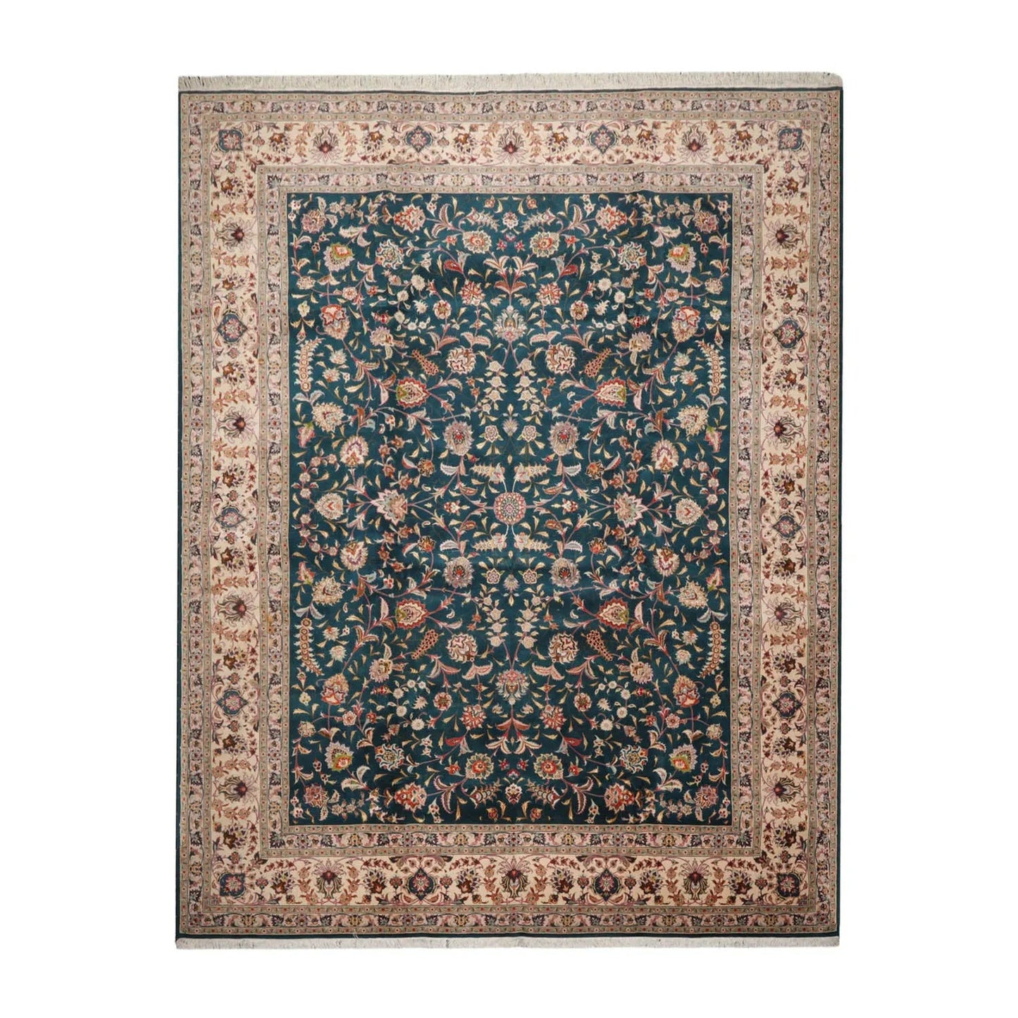 10x14 Hand Knotted Wool and Silk Traditional Tabriz 400 KPSI Oriental Area Rug Teal, Beige Color