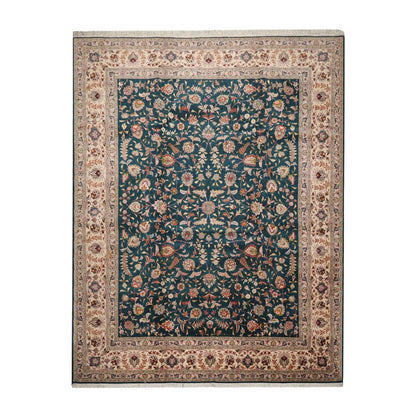 10x14 Hand Knotted Wool and Silk Traditional Tabriz 400 KPSI Oriental Area Rug Teal, Beige Color