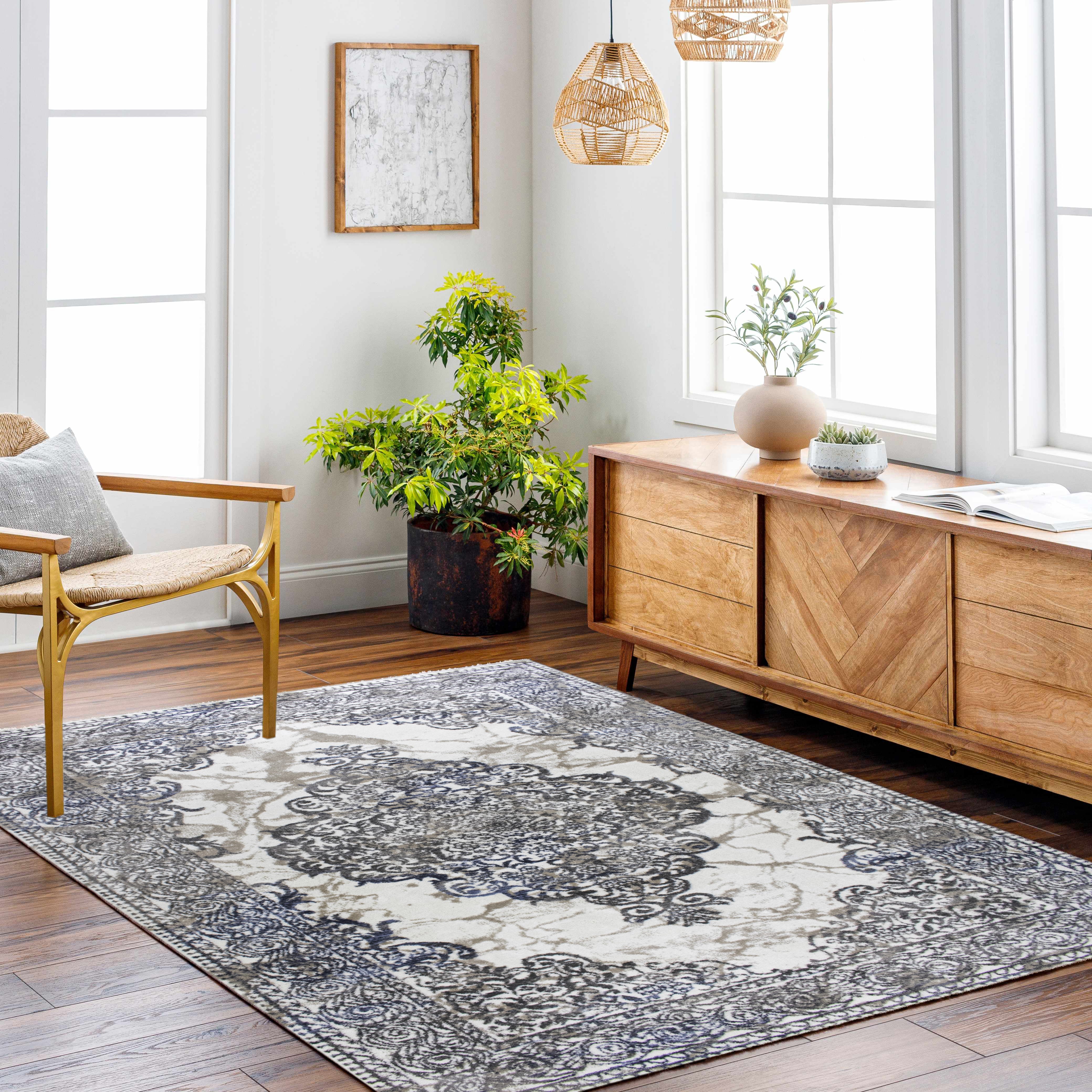 ROY's Home One Level Area Rugs, Classic Pattern - Shiny Ivory,Grey