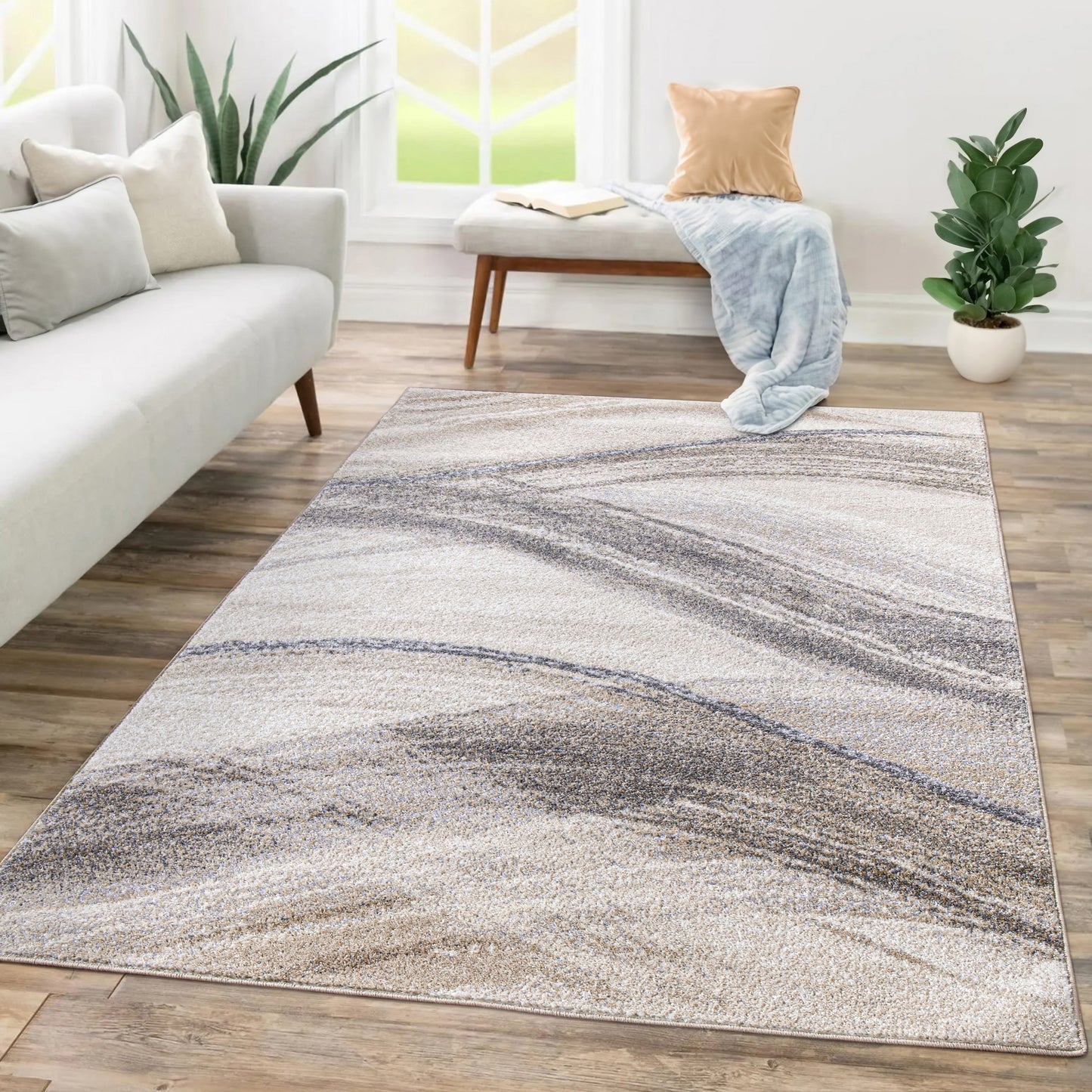 Modern Area Rug Fiesta with Artistic Waves in Beige Grey