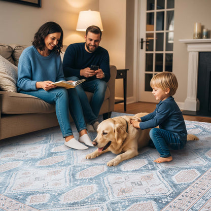 Samara Cream Blue Distressed Turkish Rug