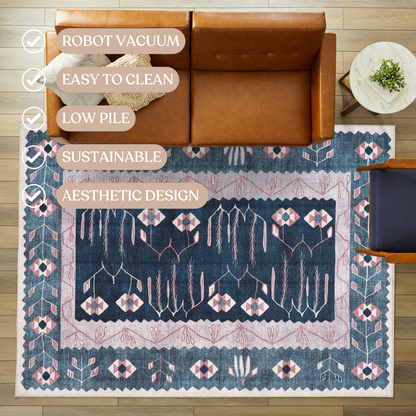 Marceline Navy Blue Floral Turkish Kilim Rug