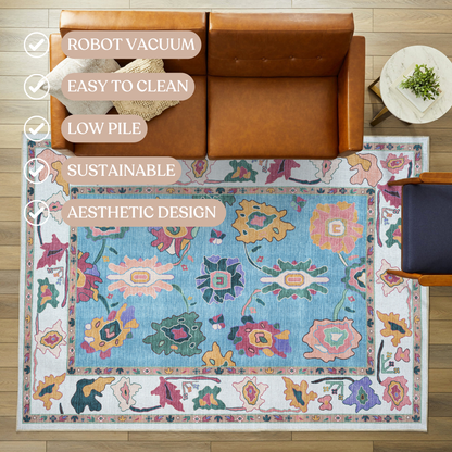 Farhana Green Colorful Floral Modern Oushak Rug