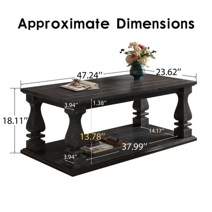 Farmhouse Coffee Table with Storage Shelf 47" Rustic Solid Wood Planked Top & Square Baluster Legs