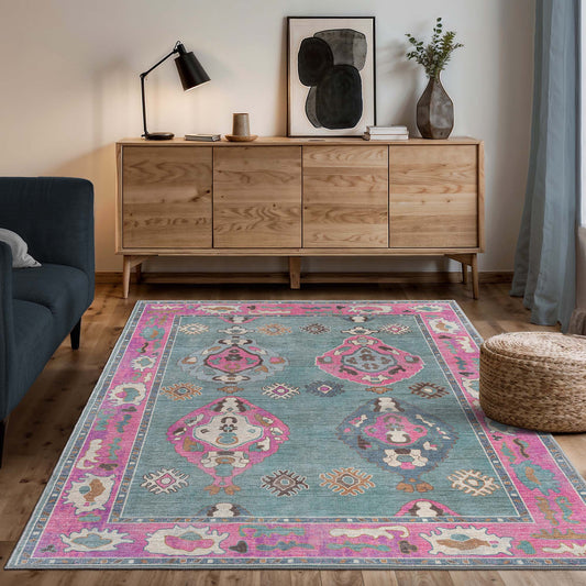 Green Pink Oushak Washable Rug
