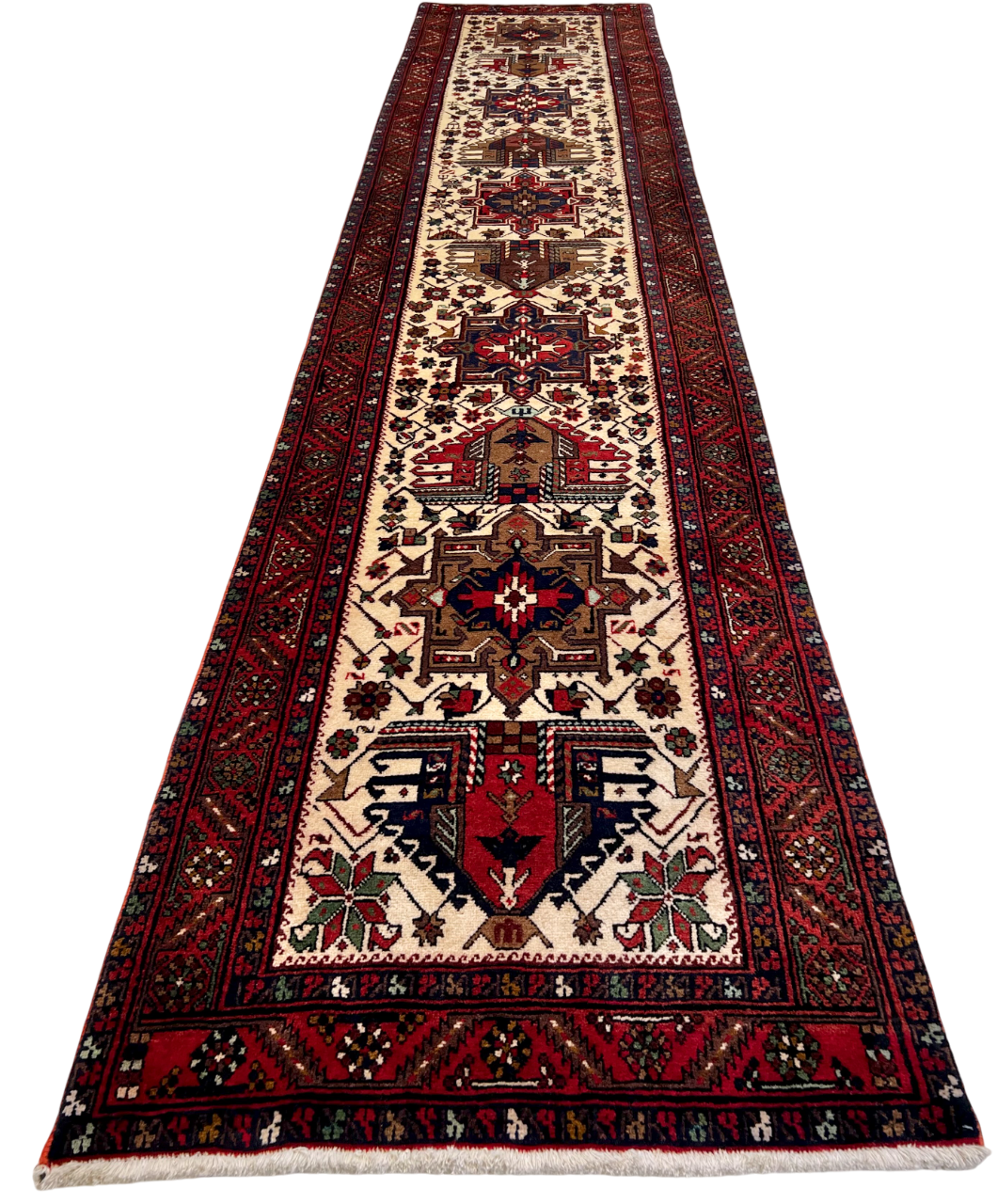 Vintage Persian Karajeh (3'01"x14'05") ivory/dk.red