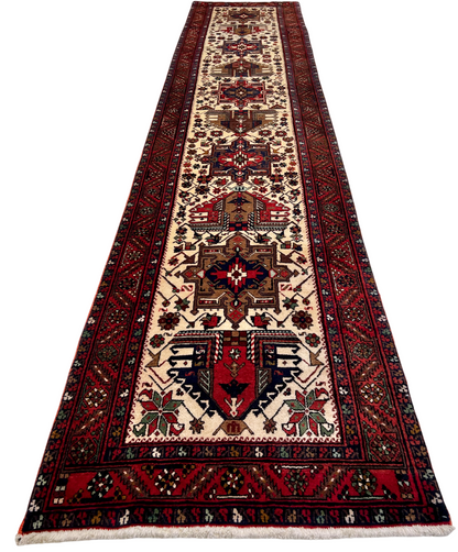 Vintage Persian Karajeh (3'01"x14'05") ivory/dk.red