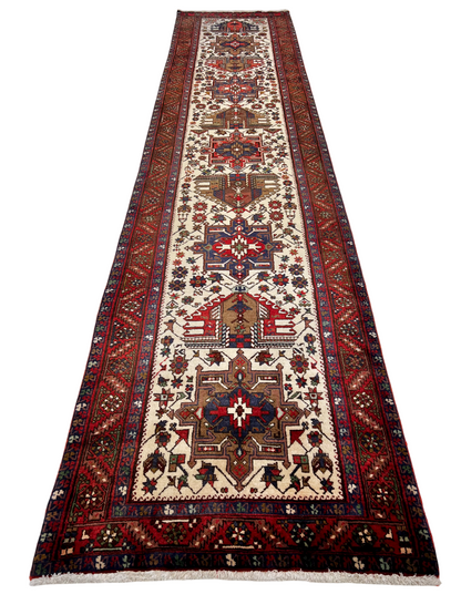 Vintage Persian Karajeh (3'01"x14'05") ivory/dk.red
