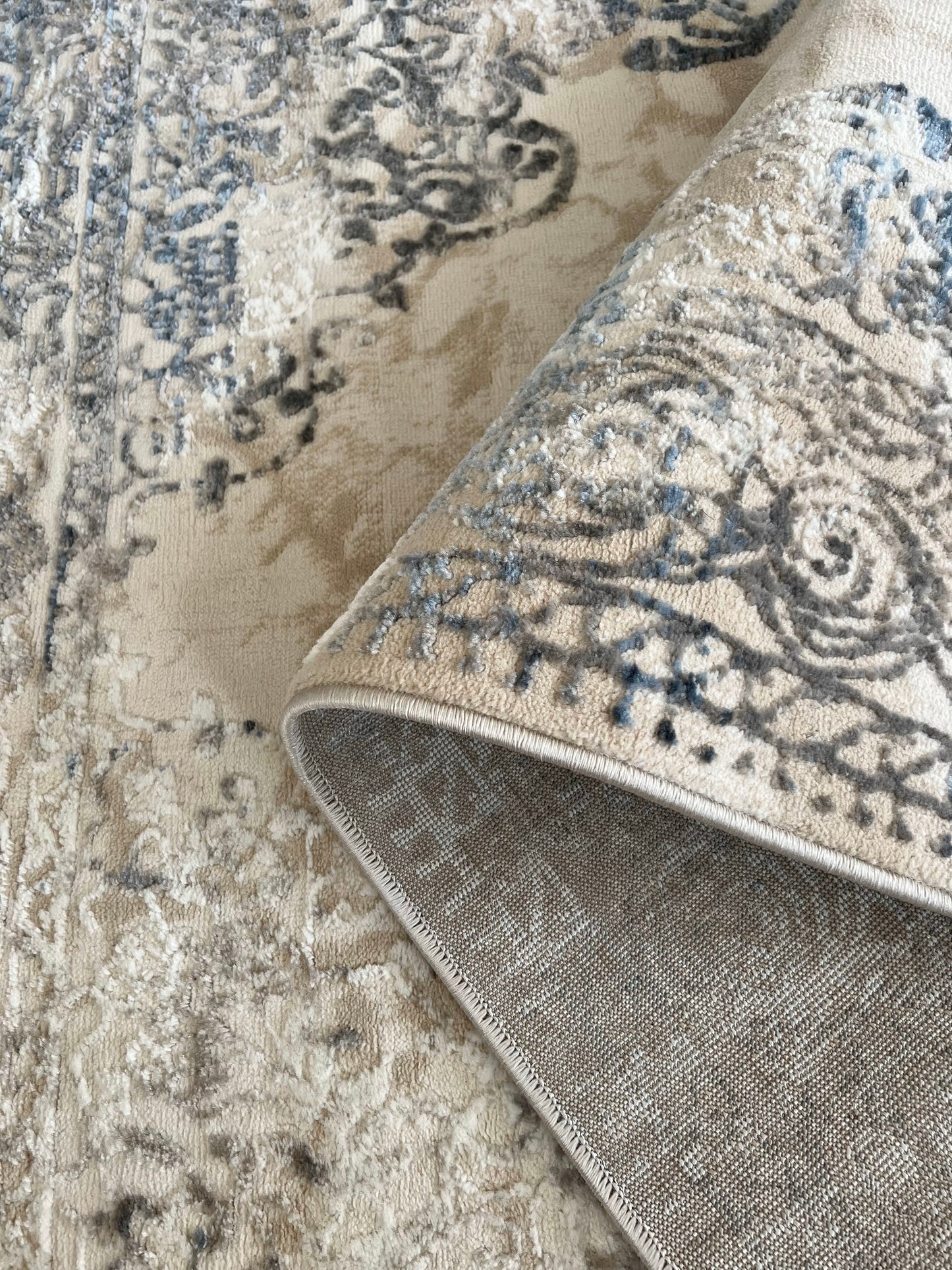 ROY's Home Alfombras de diseño de dos niveles, patrón clásico: hilo marfil brillante, gris y beige