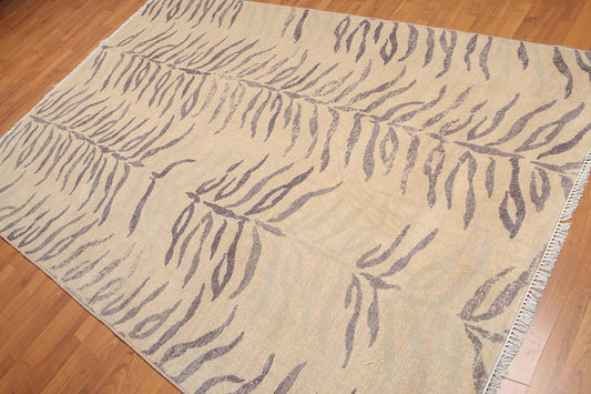 6' x 9' Botanical Print Contemporary Hand Knotted Wool Area rug Beige