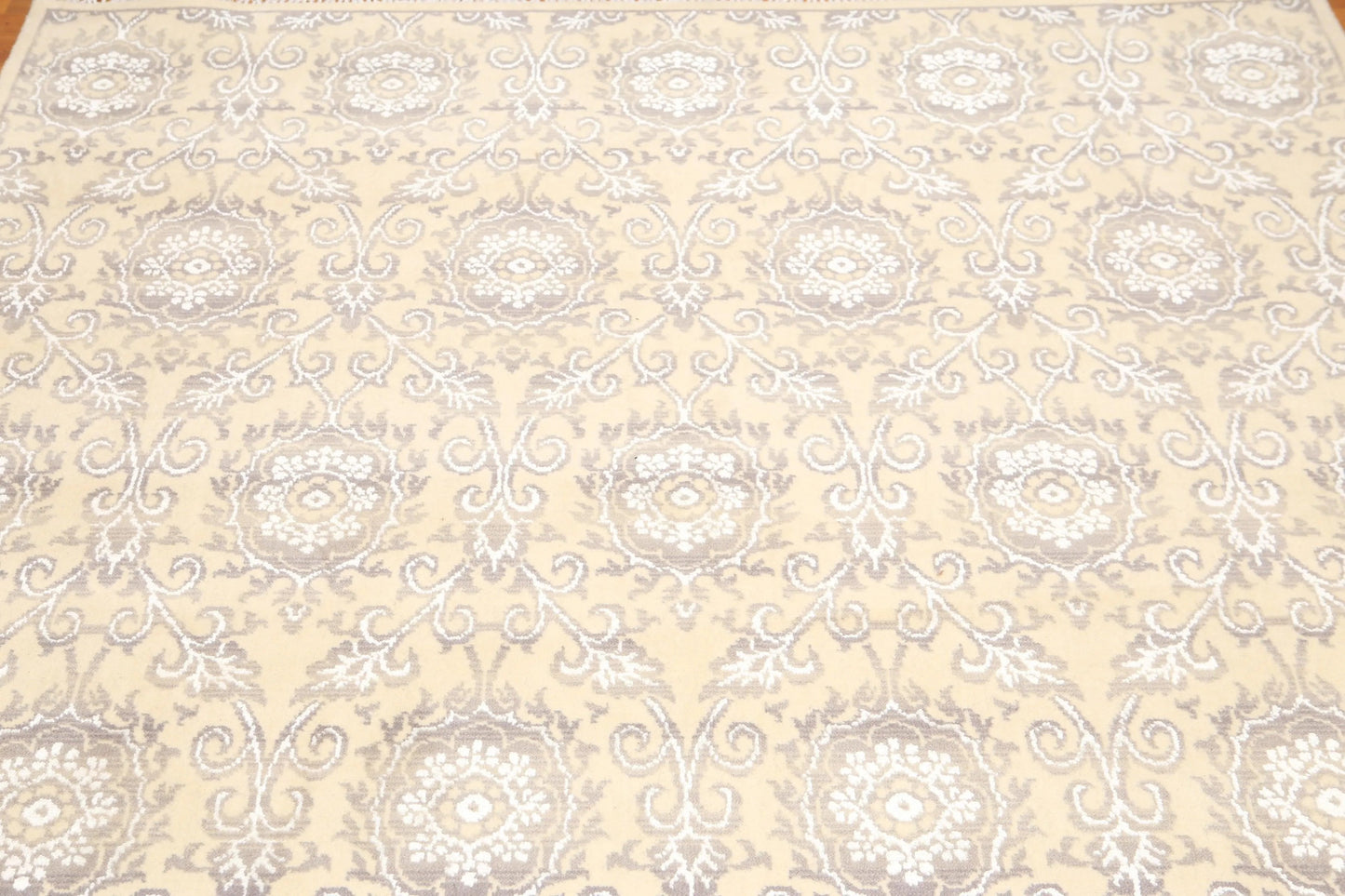 6' x 9' Hand Knotted Damask Area Rug Wool & Bamboo Silk Beige