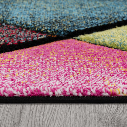 Colorful Area Rug Smaragd Checkered With Multicolor Diamonds